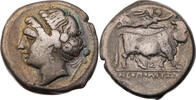 Didrachme / Nomos 300-280 v. Chr. Kampanien Neapolis, Kopf der Nymphe Parthenope / androkephaler Stier hübsche Tönung, ss/fast ss