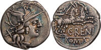 Denar 138 v. Chr. Römische Republik C. Renius, Kopf der Roma / Iuno Caprotina in Ziegen-Biga hübsche Tönung, dünne Kratzer, ss