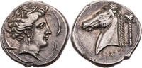 Sizilien Tetradrachme 320/15-300 v. Chr. Sikulo-Punier, Kopf der Tanit-Arethusa / Pferdekopf feine T