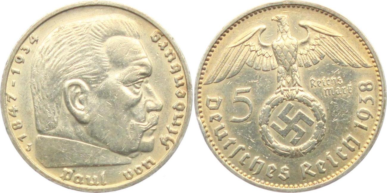 Drittes Reich 5 Reichsmark 1938 J Paul von Hindenburg mit Hakenkreuz ss