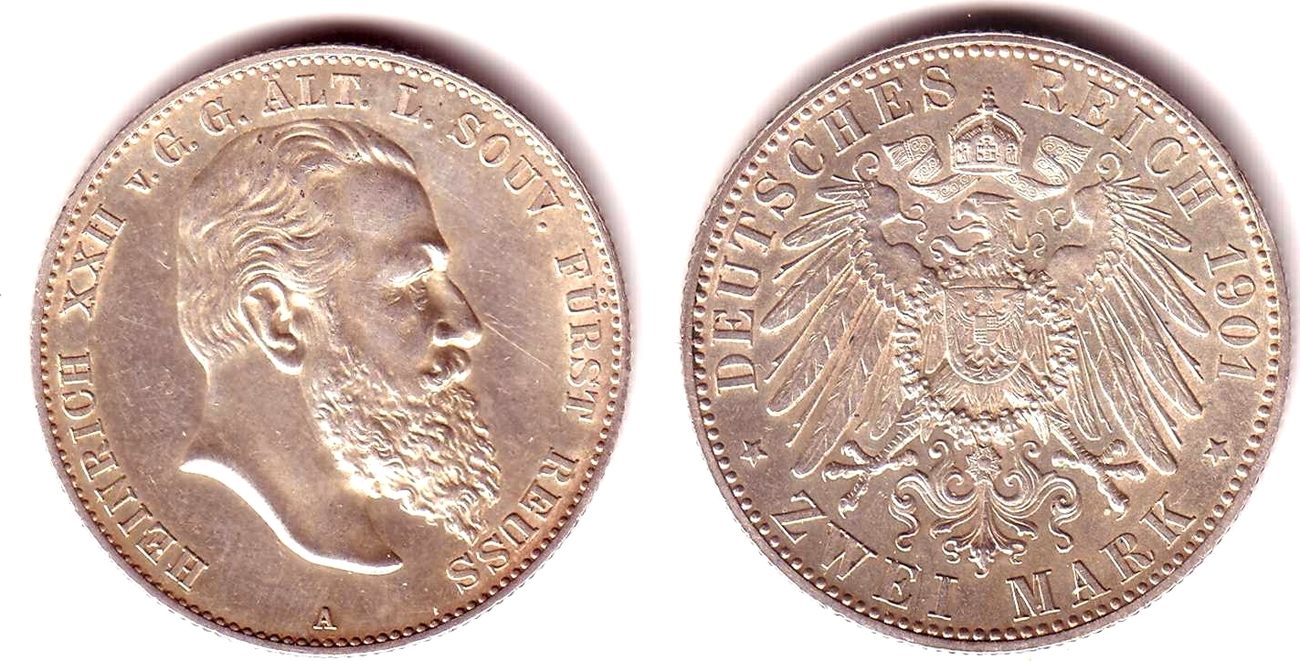 Reuß newest ält.Linie, 2 Mark, Heinrich XXII.,1901 A Stgl.