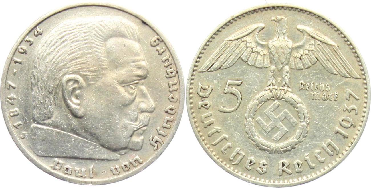 Drittes Reich 5 Reichsmark 1937 J Hindenburg mit Hakenkreuz vz Drittes Reich 5 Reichsmark 1937 J Hindenburg mit Hakenkreuz vz