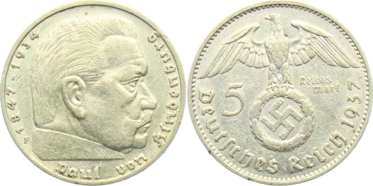 Drittes Reich 5 Reichsmark 1937 F Hindenburg mit Hakenkreuz f.vz Drittes Reich 5 Reichsmark 1937 F Hindenburg mit Hakenkreuz f.vz