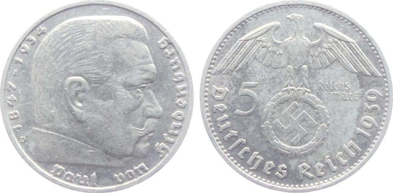 Drittes Reich 5 Reichsmark 1939 D Hindenburg mit Hakenkreuz ss+ Drittes Reich 5 Reichsmark 1939 D Hindenburg mit Hakenkreuz ss+
