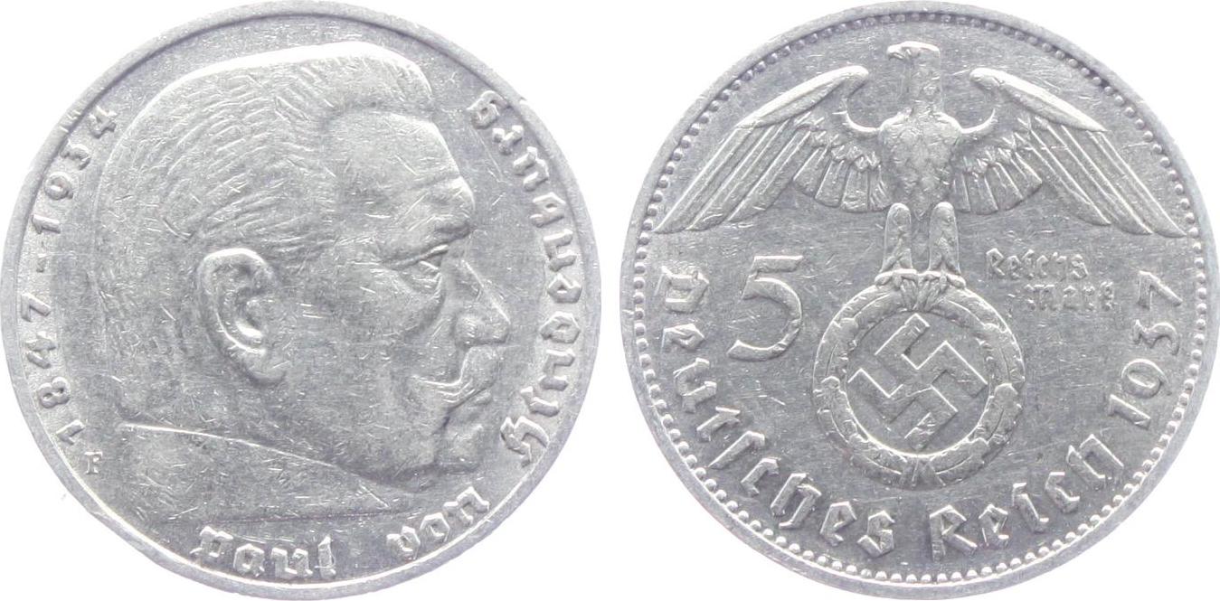 Drittes Reich 5 Reichsmark 1937 F Hindenburg mit Hakenkreuz ss+ Drittes Reich 5 Reichsmark 1937 F Hindenburg mit Hakenkreuz ss+