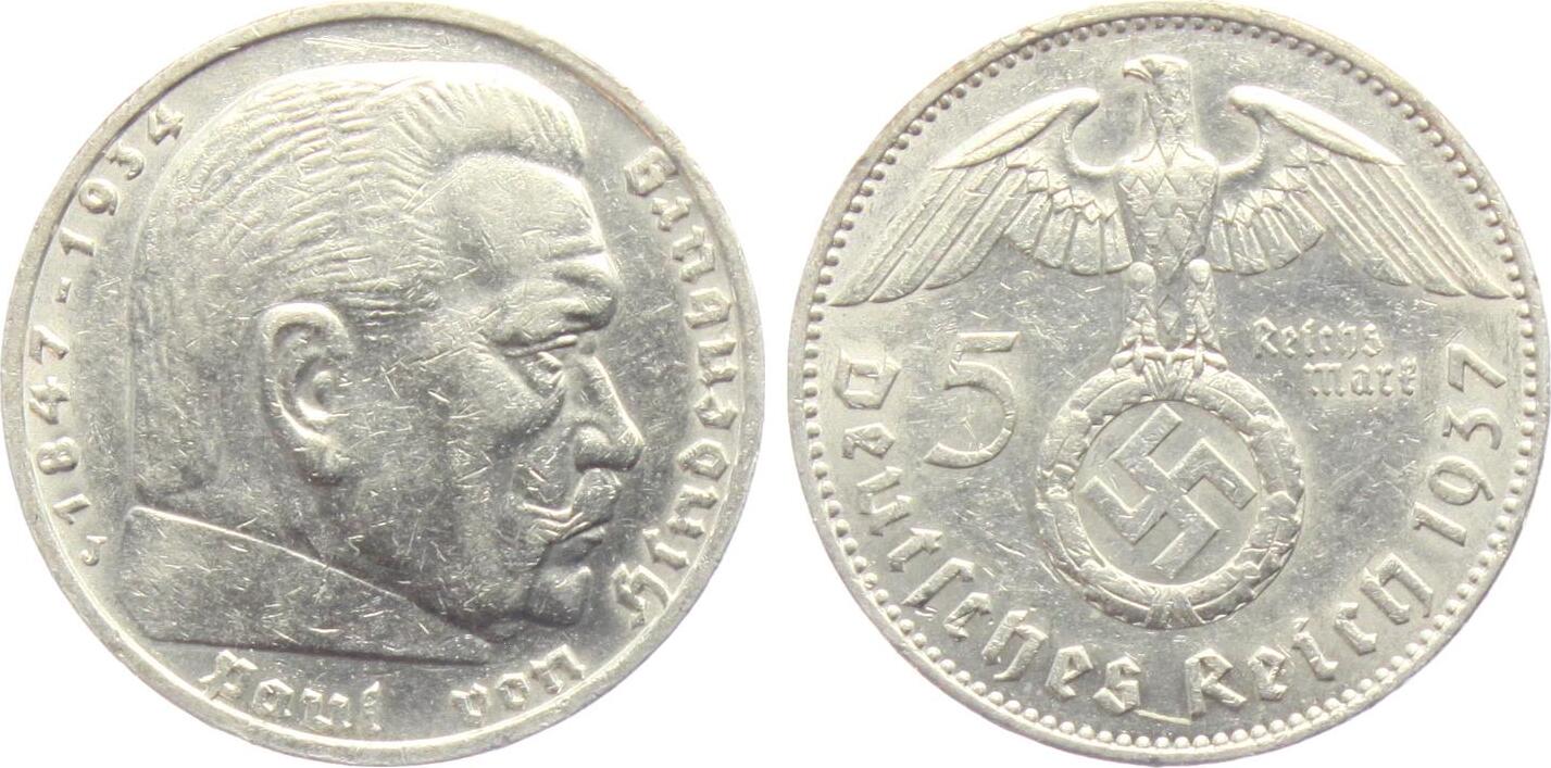 Was Sind 5 Reichsmark Wert Mit Hakenkreuz Drittes Reich 5 Reichsmark 1937 J Hindenburg - mit Hakenkreuz ss | MA-Shops