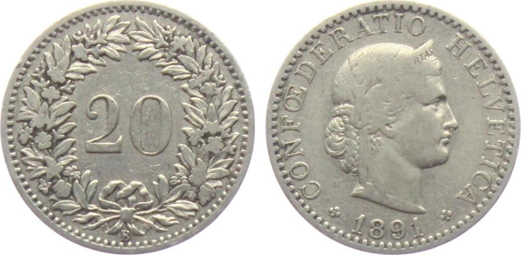 Schweiz 20 Rappen 1891 B Kopf Der Helvetia Ss | MA-Shops