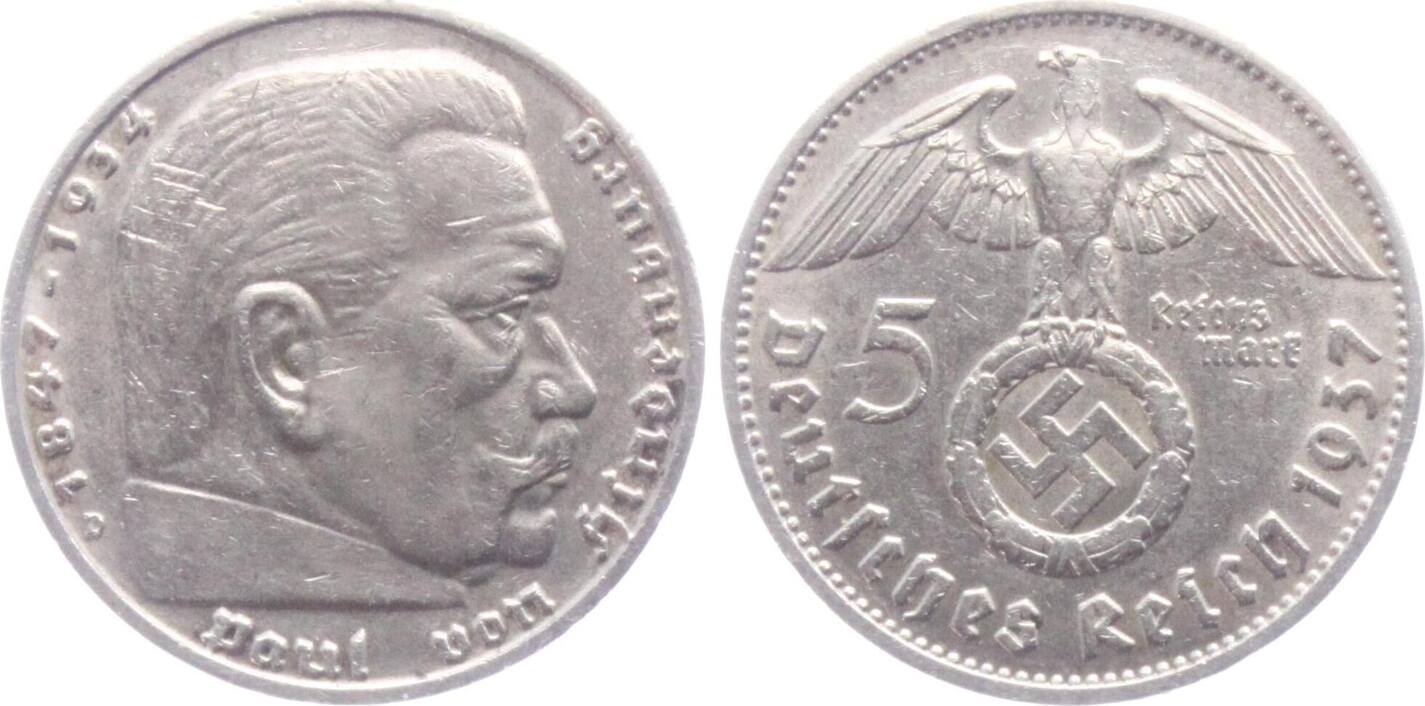 Was Sind 5 Reichsmark Wert Mit Hakenkreuz Drittes Reich 5 Reichsmark 1937 D Hindenburg - mit Hakenkreuz ss | MA-Shops