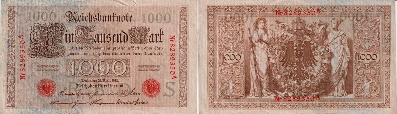 Reichsbanknote 1000 Mark 1910 Rotes Siegel Wert Kaiserreich 1000 Mark 1910 Banknote - 1.000 Mark - Kn-Nr. rot 7-stellig