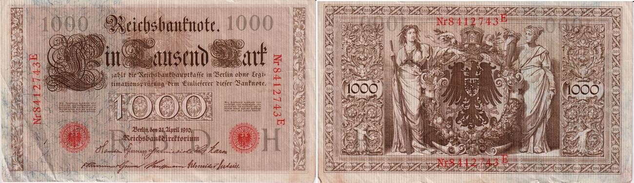 Reichsbanknote 1000 Mark 1910 Rotes Siegel Wert Kaiserreich 1000 Mark 1910 Banknote - 1.000 Mark - Kn-Nr. rot 7-stellig