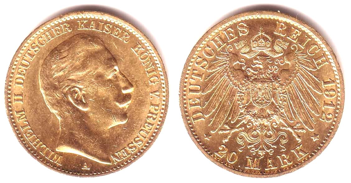 Preussen 20 Mark 1912 A Goldmünze Kaiser Wilhelm II. vz Preussen 20 Mark 1912 A Goldmünze Kaiser Wilhelm II. vz