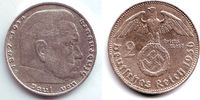 Drittes Reich 2 Reichsmark Paul von Hindenburg - mit Hakenkreuz