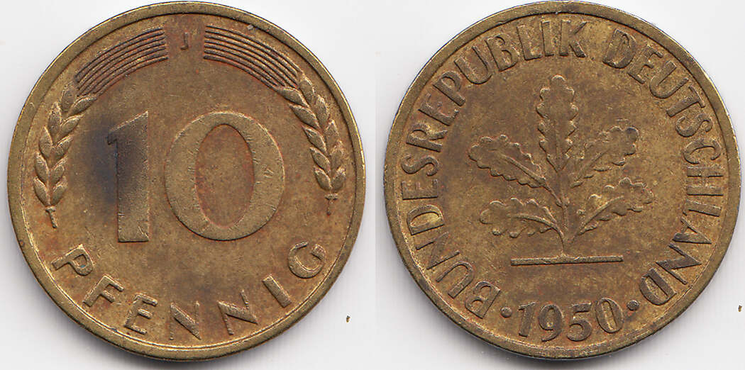 BRD 10 Pfennig 1950 J Stahl/tombakplattiert sehr schön leicht gereinigt