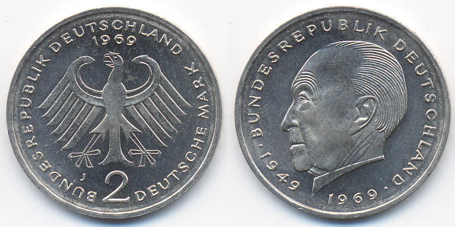 BRD 2 DM 1969 J Konrad Adenauer prägefrisch | MA-Shops