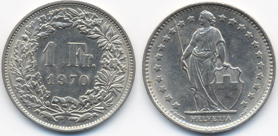 Schweiz - Switzerland 1 Franken 1970 Eidgenossenschaft prägefrisch | MA ...