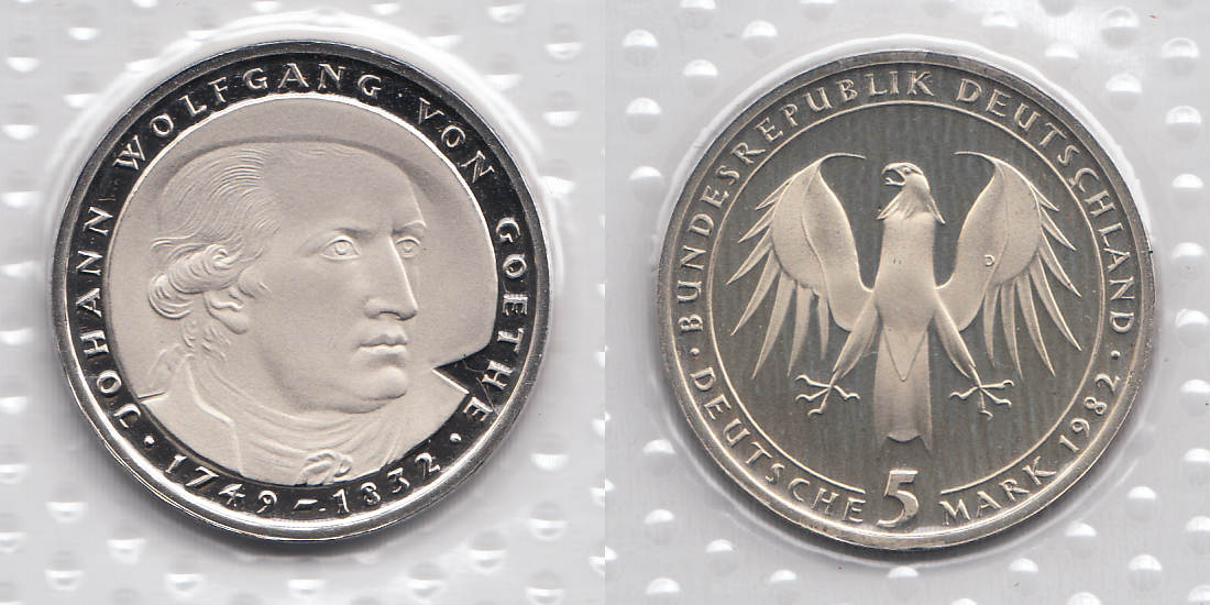 Johann Wolfgang Von Goethe 5 Dm Münze Wert BRD 5,-DM 1982 D Johann Wolfgang von Goethe Polierte Platte/proof | MA