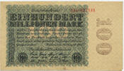 Deutsches Reich Inflation 1919-1924 100 Millionen Mark Rosenberg Nr. 106f – Firmendruck WZ Kreuzblüten KN und FZ rot FZ D -