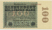 Deutsches Reich Inflation 1919-1924 100 Millionen Mark Rosenberg Nr. 106j – Firmendruck WZ Kreuzblüten Fasereinlage KN und FZ braun -