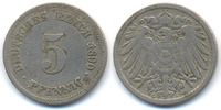 Kaiserreich 5 Pfennig 1890 G großer Adler – Kupfer/Nickel – 9 in 1890 umgeschnitten schön/sehr schön