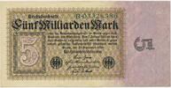 Deutsches Reich Inflation 1919-1924 5 Milliarden Mark Rosenberg Nr. 112a – Reichsdruck WZ Eichenlaubstreifen KN 8stellig Serie B -