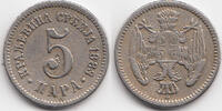 Serbien - Serbia 5 Para 1883 Milan IV. Obrenovich 1882-1889 als Milan I. König - französiche Prägung sehr schön+