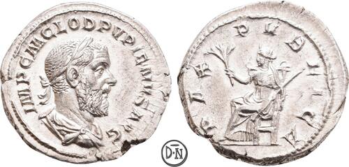Pupienus (238) Denar Februar-Mai 238 n. Chr. Roma, Pax mit Zweig und Szepter auf Thron, ausgezeichne