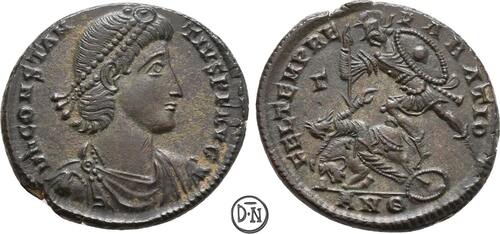 Constantius II (337-361) Maiorina 350-355 n. Chr. Antiochia, Büste / Reitersturz-Szene, herrliches P