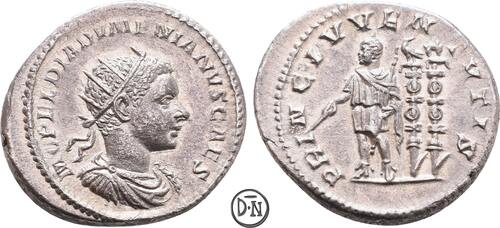 Diadumenian Caesar (217-218) Antoninian 217 n. Chr. Rom, Büste / Prinz mit Standarte und Szepter, äu