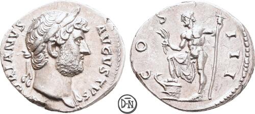 Hadrian (117-138) Denar 125-126/127 n. Chr. Rom, Büste / Neptun, sehr gutes Portrait, feine Details,