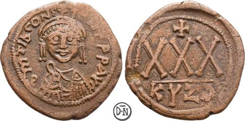 Tiberius II Constantinus (578-582) 3/4 Follis (30 Nummi) 578-582 n. Chr. Cyzicus, Büste / Wertzeiche