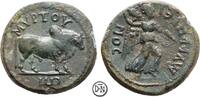 Smyrna (Ionia) Lokalbronze kaiserzeitlich, Rheginos und Cosconia Myrton, Stier / Nike, bestes bekanntes Ex. -