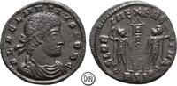 Follis 335-337 n. Chr. Delmatius Caesar (335-337) Siscia, Büste / Zwei Soldaten und Standarte, ss
