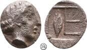 Tetartemorion ca. 450-400 v. Chr. Kolophon (Ionia) Kopf des Apollon / Wertzeichen TE, Beizeichen Getreidekorn, selten, ss