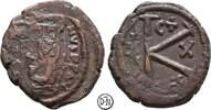 Iustinus II (565-578) Halbfollis (20 Nummi) Thessalonica, Iustin & Sophia / Wertzeichen, mit C + (Soter), sehr selten, -