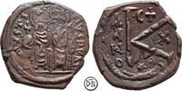 Iustinus II (565-578) Halbfollis (20 Nummi) Thessalonica, Iustin & Sophia / Wertzeichen, mit C + (Soter), sehr selten, -