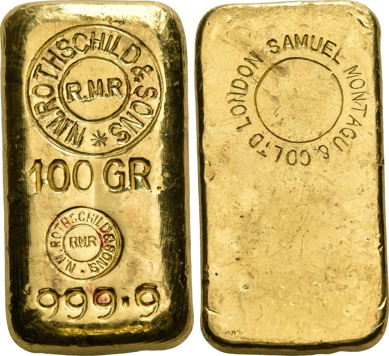 Rothschild 100 Gramm Goldbarren mit Rückseitengegenstempel SAMUEL