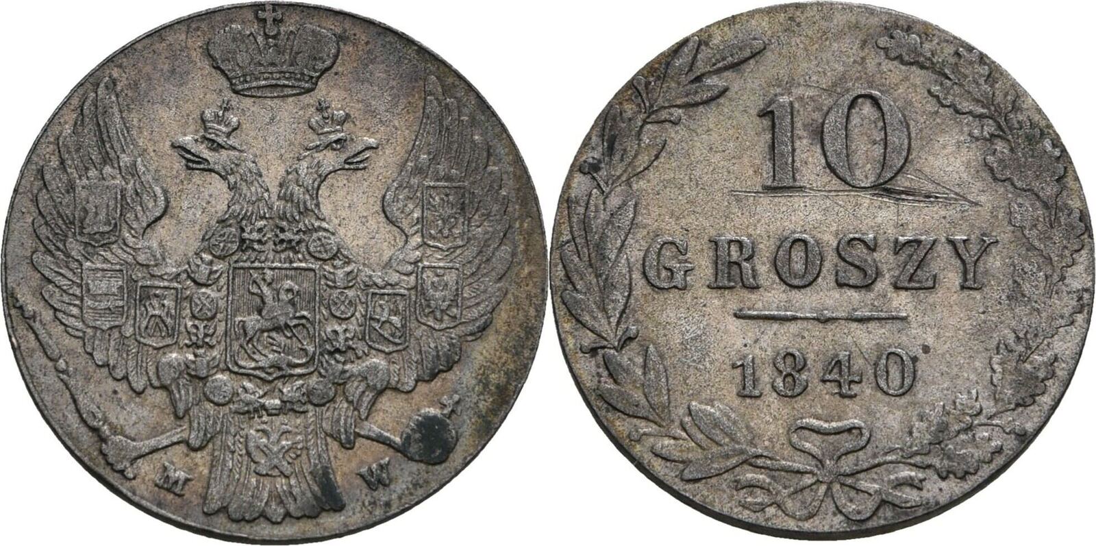 Polen, Königreich 10 Groszy MW, Warschau 1840 Nikolaus I. von Russland