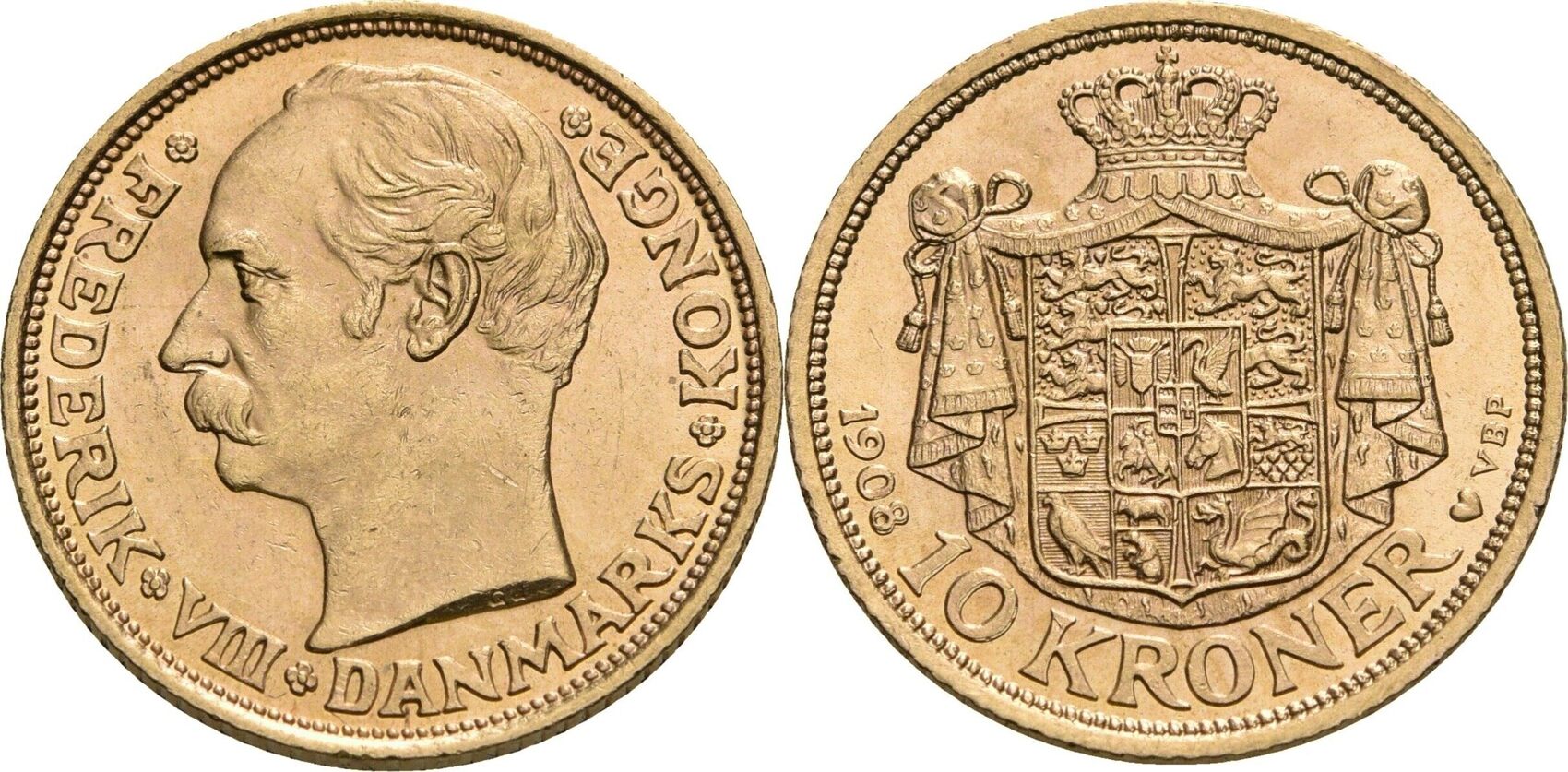 Dänemark 10 Kronen VBP, Kopenhagen 1908 Frederik VIII., 19061912 fast