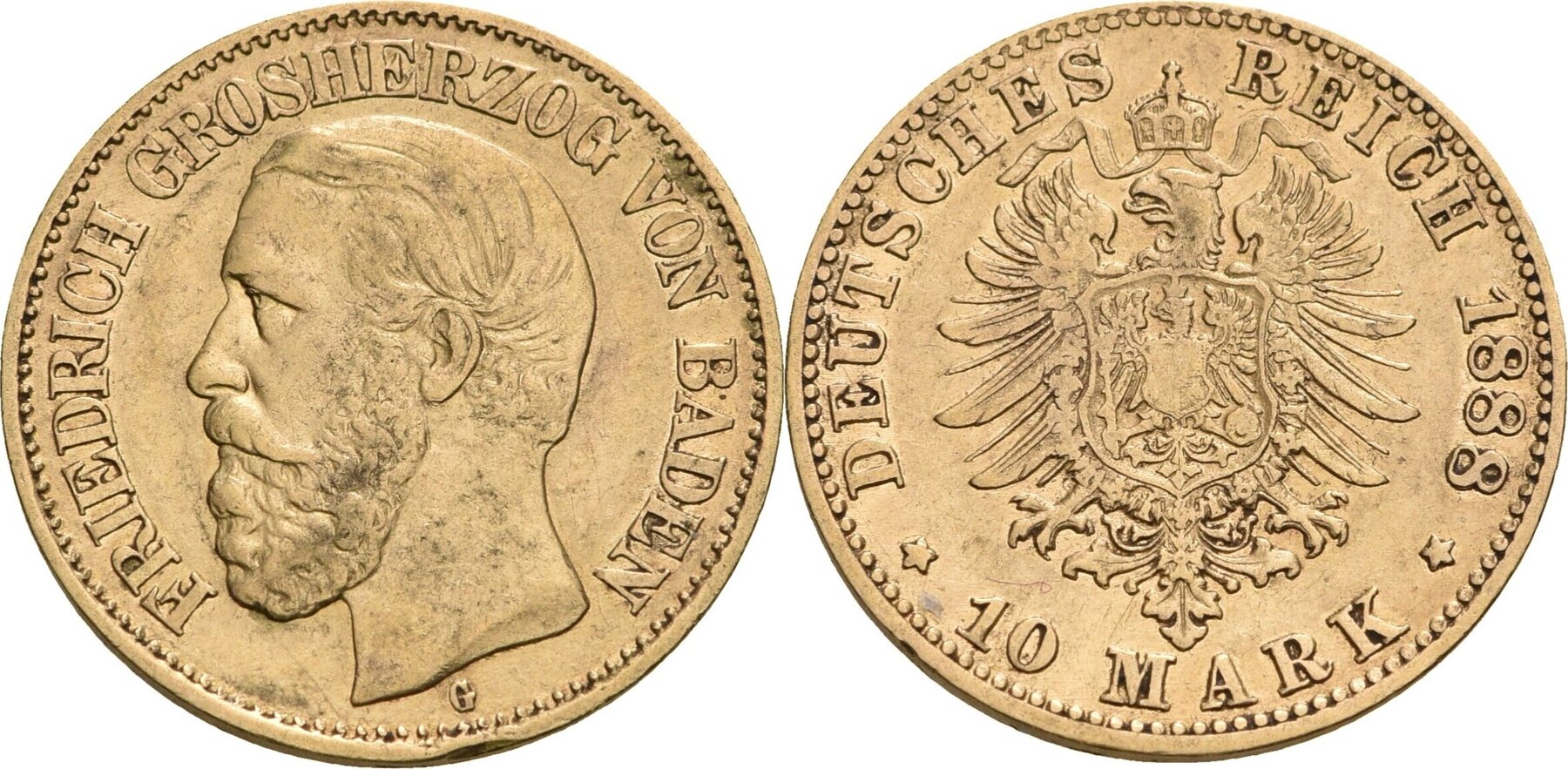 Baden 10 Mark G, Karlsruhe 1888 Friedrich I., 1852-1907 ss, Vs. min ...