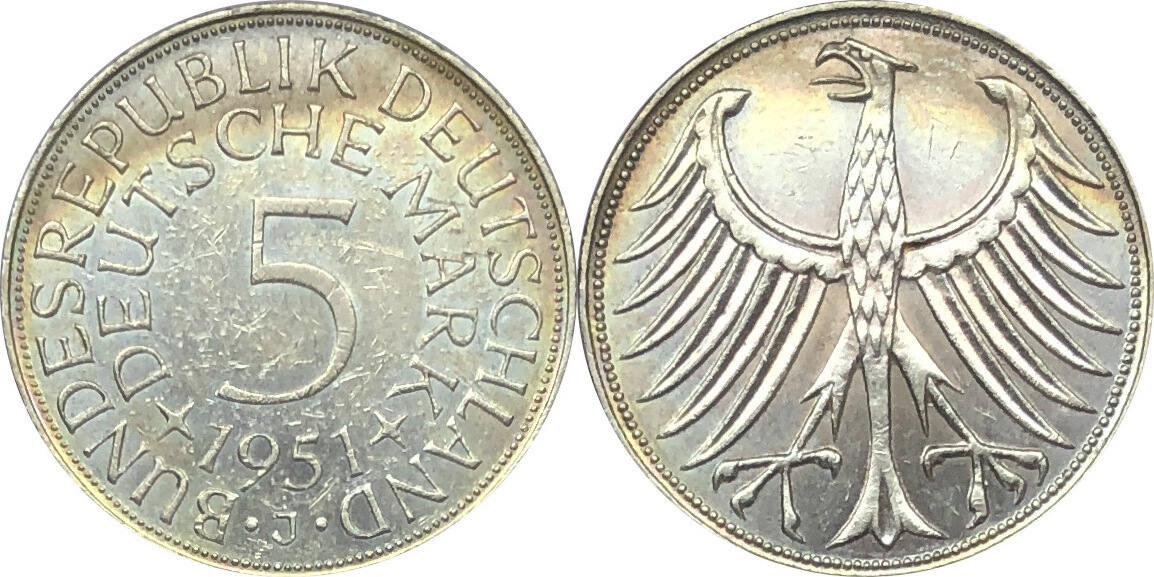 5 Deutsche Mark Münze 1951 J Wert Bundesrepublik Deutschland 5 Mark 1951 J Silberadler ss-vz | MA-Shops