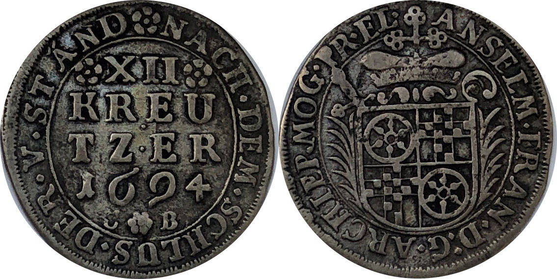 Bistum Mainz 12 Kreuzer 1694 CB Anselm Franz von Ingelheim ss