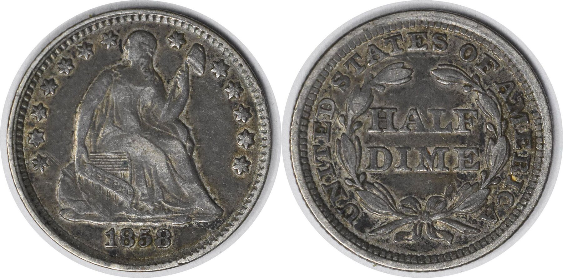 US 1858 Liberty Seated Half Dime RPD Inverted Date FS 302 EF us-1858-liberty-seated-half-dime-rpd-inverted-date-fs-302-ef
