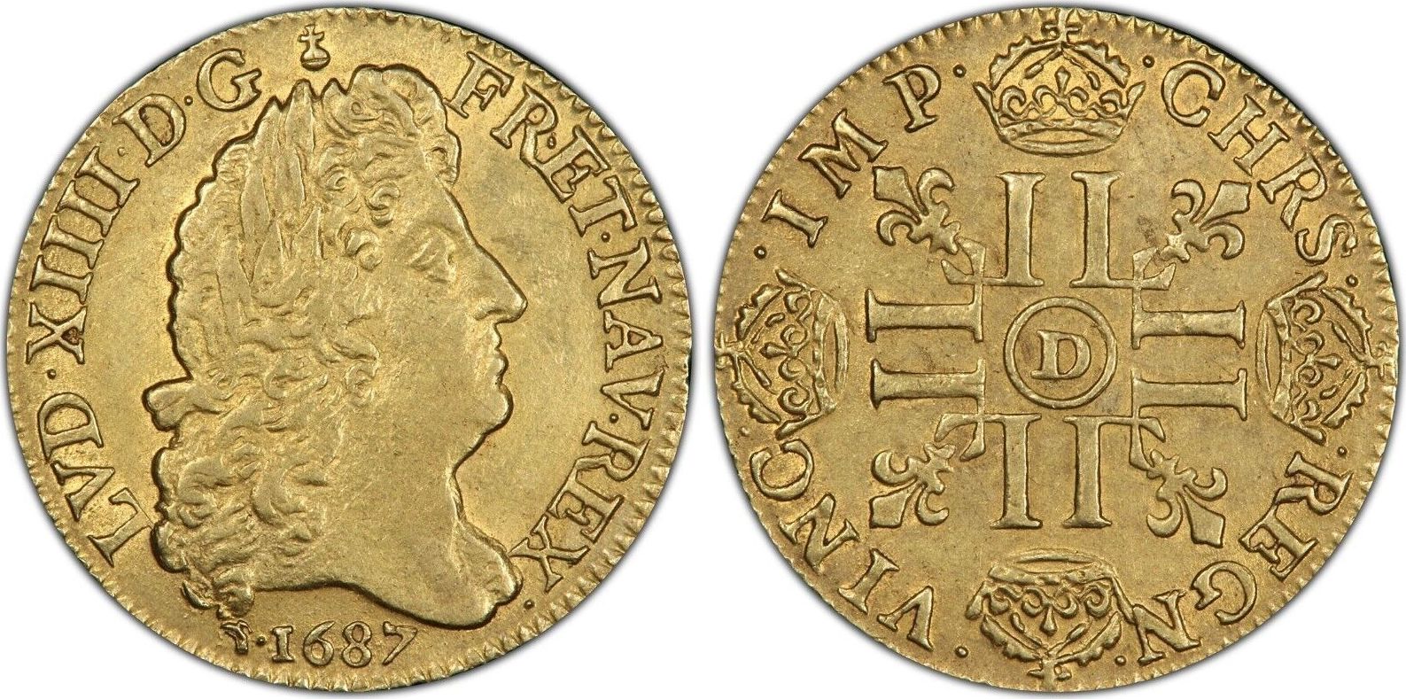 France 1687 Louis XIV Louis d'or aux Huit L à la Perruque Lyon vz rare ...