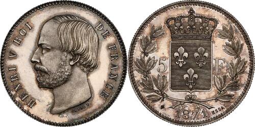 France 5 francs Henri V Essai de Flan bruni 1871 Bruxelles PROOF PF64 NGC rare Qualité