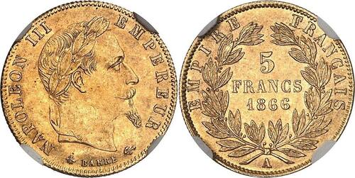 France 5 Francs 1866 Napoléon III  or Paris NGC MS64 SPL à FDC rare Qualité