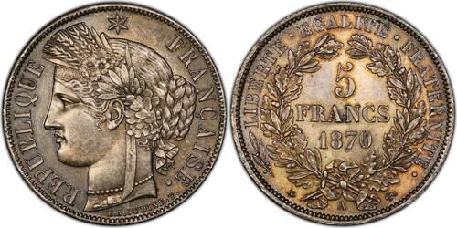 France 5 Francs 1870 Cérès avec légende Paris unz à FDC rare Qualité
