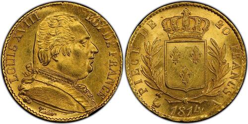 France 20 Francs 1814 Louis XVIII  or Paris Splendide PCGS MS62