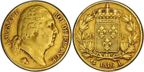 France 20 Francs 1816 Louis XVIII  or Bayonne de toute rareté RRR