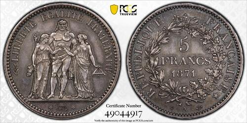 France 5 francs 1871 Hercule Camélinat Paris Trident date serrée SPL à FDC PCGS MS63
