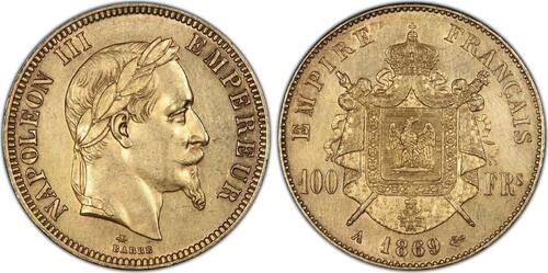 France 100 Francs 1869 Napoléon III  or Tête laurée Paris unz rare Qualité